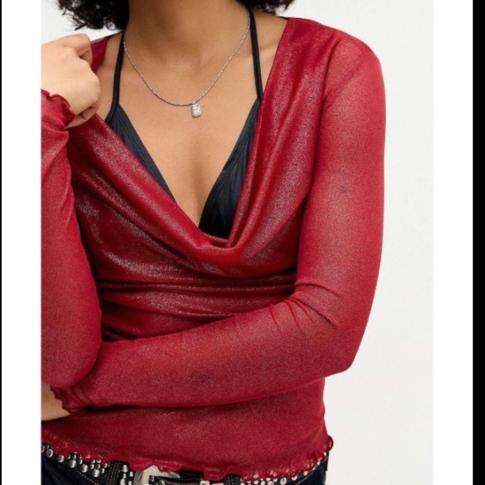 Silence + Noise XS Sheer Top Urban Outfitters Mesh Y2K Cowl Neck Shiny